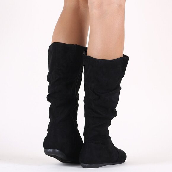 New Black Slouchy Faux Suede Mid Calf Flat Boots Round Toe Zip Pull-On - Picture 4 of 4